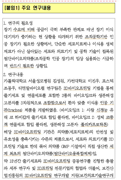 진흥원 서울성모병원 가천대 포항공대 티앤알바이오팹 세계 최초 3D바이오프린팅 환자 맞춤 이식용 인공 기관 개발